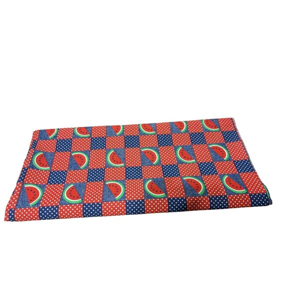 Vintage Red & Blue  Checkered Material With Watermelons. 60" X 45"  Unbranded - Picture 2 of 4